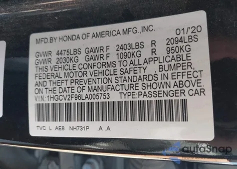 2020 Honda Accord Touring z USA, uszkodzony, nr VIN 1HGCV2F96LA005753